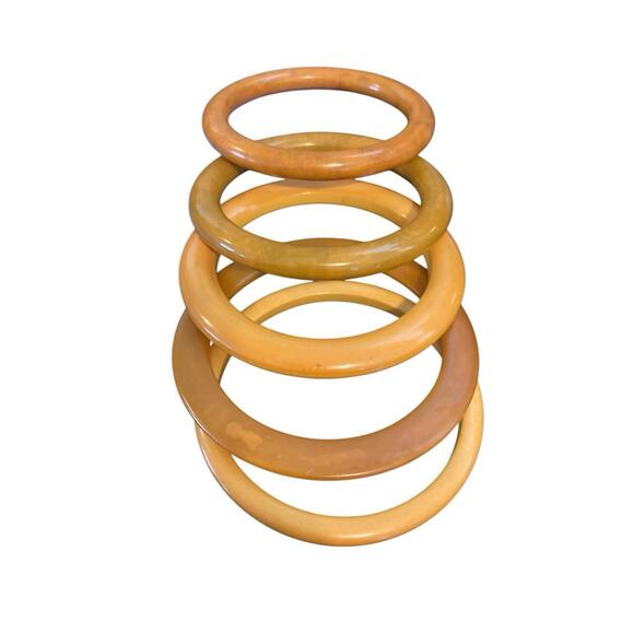 FIVE Vintage Bakelite Butterscotch Bangle Bracelets Amber/Green/Brown Art Deco - Picture 3 of 5